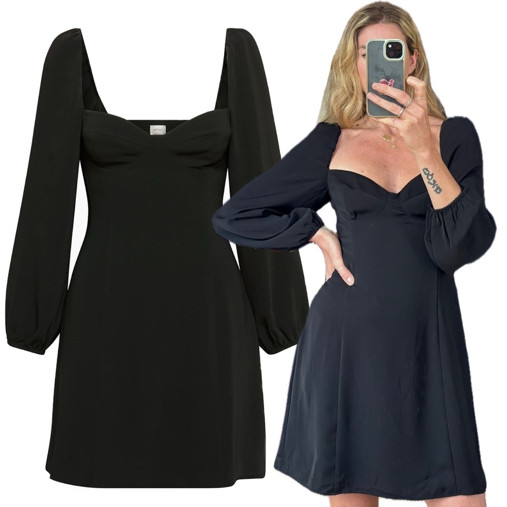Wilfred Aritzia Novela Black Square Neck Long Puff Sleeve Babydoll Mini Dress